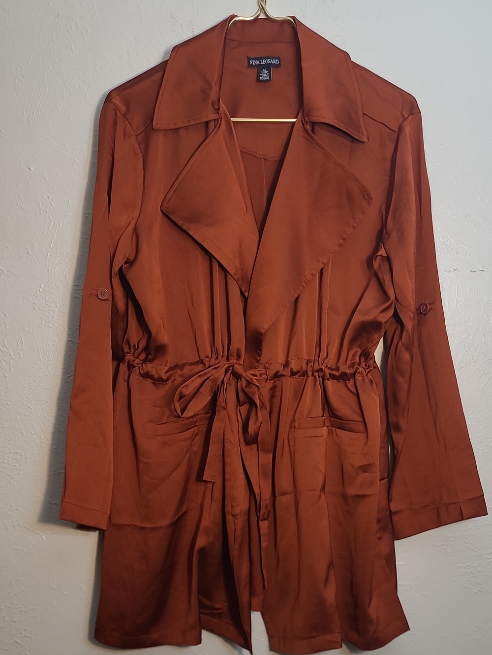 Nina Leonard Rust Drawstring Lightweight Trench